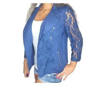 Chico's Women's Jacket Blue‎ Mixed Lace Pattern Pockets Open Blazer Moto Size 1P